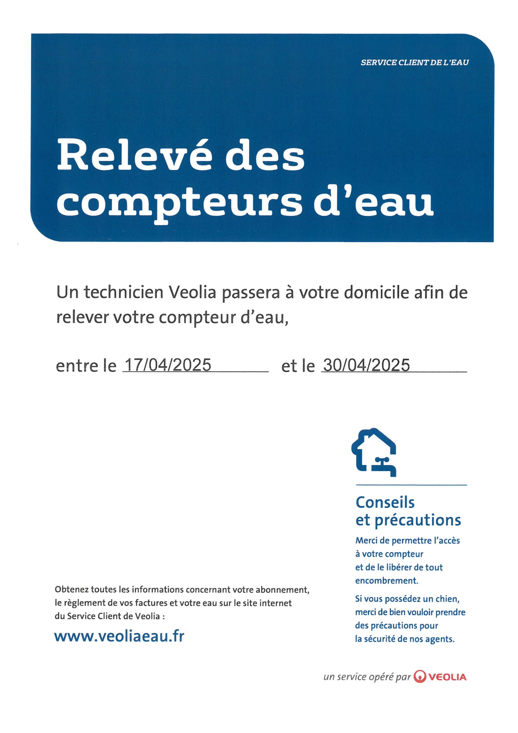 Lire la suite à propos de l’article Début des relevés des compteurs d’eau sur la Commune le 17 avril