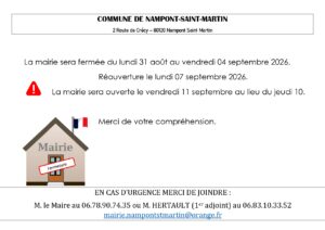 Lire la suite à propos de l’article Mairie fermée du 31 août au 04 septembre 2026