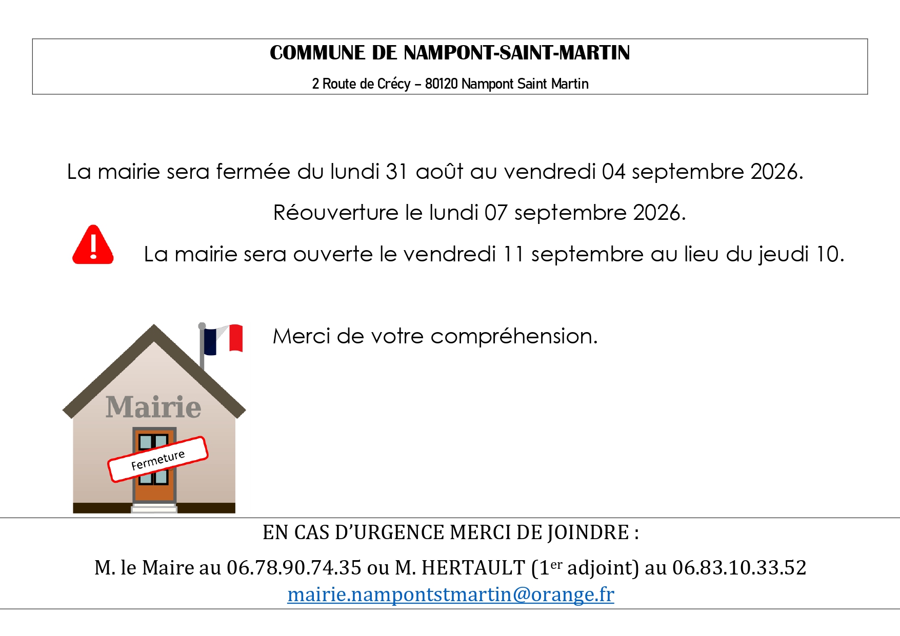 You are currently viewing Mairie fermée du 31 août au 04 septembre 2026